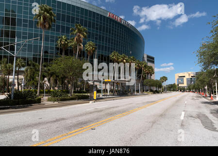 The Amalie Arena on Old Water Street downtown Tampa Florida USA. April 2017. The HSBA streetcar stop and in the distance the History Center Stock Photo