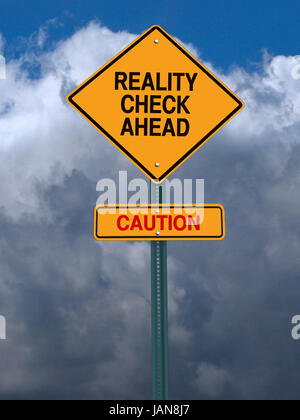 conceptual sign with words reality check ahead caution warning over ...