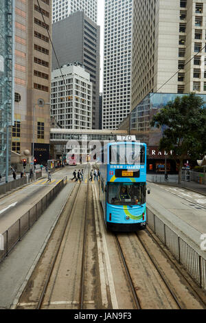 Double-decker tram, Des Voeux Road, Central, Hong Kong Island, Hong Kong, China Stock Photo