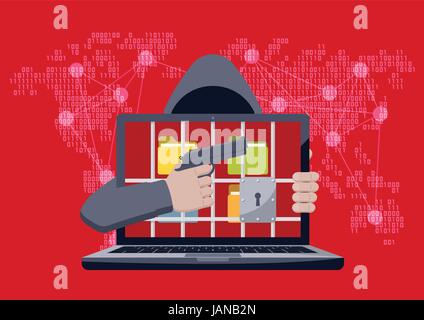 Anonymous hacker with hood pointing gun at locked laptop, with folders behind jail bars, as ransomware hostage on red binary code map background Stock Vector
