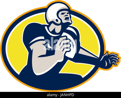 Illustration of an american football gridiron quarterback player throwing ball facing side set inside oval shape done in retro style. Stock Photo