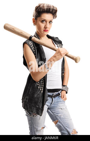 Punk girl with a bat isolated on white background Stock Photo