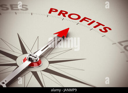 Realistic conceptual 3D render image with depth of field blur effect. Compass with the needle pointing the word profits, paper background. Concept for making profits or business solutions. Stock Photo