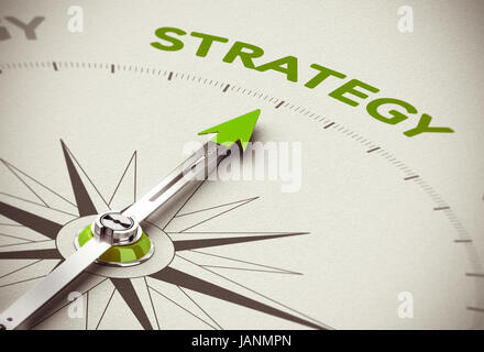 Conceptual 3D render image with depth of field blur effect. Compass needle pointing the green word strategy over natural paper background. Stock Photo