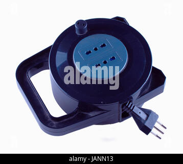 Extension cord plastic reel isolated over white background Stock Photo