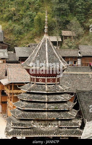 China, Zhaoxing - gorgeous Dong village is packed whit traditional wooden structures, several wind-and-rain bridges and remarkable drum towers, Guizho Stock Photo