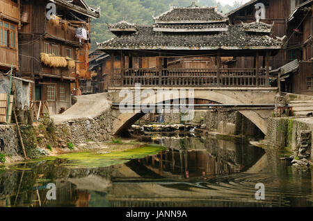 China, Zhaoxing - gorgeous Dong village is packed whit traditional wooden structures, several wind-and-rain bridges and remarkable drum towers, Guizho Stock Photo