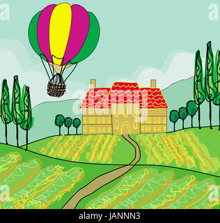 Cartoon hot air balloon with trees scene, 3d rendering. Computer ...