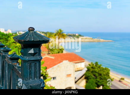 a view of the Mediterranean sea and the Punta del Miracle promontory, in Tarragona, Spain, seen from the Balcony of the Mediterranean Stock Photo