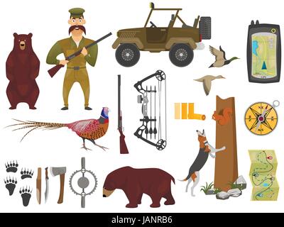 Set of hunting illustrations in cartoon style. Hunter and firearms, hunting bows and car for hunter. Ammunition of professional hunter. Stock Vector