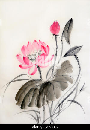 Watercolor painting of lotus flower with big leaf, original art, asian style Stock Photo