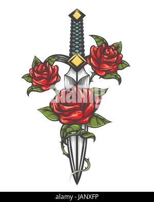 Traditional tattoo with rose flowers and dagger knife. Vector illustration isolated. Colorful Tattoo in engraving style for your use. Stock Vector