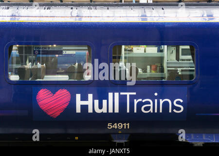 Hull Trains logo on the side of a carriage in Hull Paragon railway station. Stock Photo