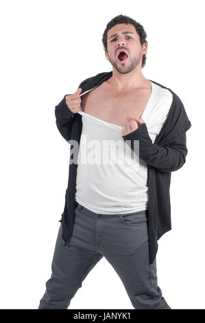 Man man ripping his shirt and yelling, isolated Stock Photo