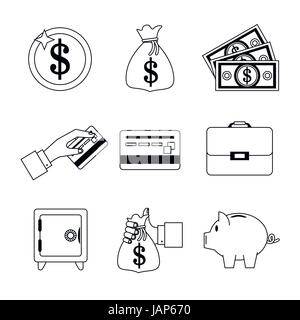 white background with set of monochrome graphics related to money Stock Vector