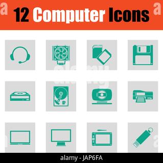 Set of computer icons. Green on gray design. Vector illustration. Stock Vector