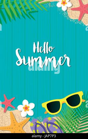 Hello summer holiday background. Top view with sunglasses, starfish, flip flop, flower and leaf on blue wooden background. Season vacation, weekend. V Stock Vector