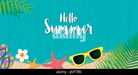 Hello summer holiday background. Top view with sunglasses, starfish, flip flop, flower and leaf on blue wooden background. Season vacation, weekend. V Stock Vector