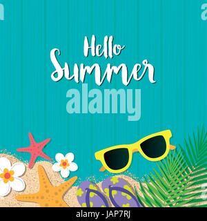 Hello summer holiday background. Top view with sunglasses, starfish, flip flop, flower and leaf on blue wooden background. Season vacation, weekend. V Stock Vector