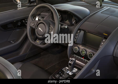 Turin, Italy, 7th June 2017. Interior view and dashboard of Jaguar F-Type 400 Sport. Parco Valentino car show hosts cars by many automobile manufacturers and car designers inside Valentino Park in Torino, Italy. Stock Photo