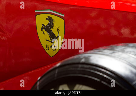 Turin, Italy, 7th June 2017. Ferrari logo on a F1 car. Third edition of Parco Valentino car show hosts cars by many automobile manufacturers and car designers inside Valentino Park in Torino, Italy. Stock Photo