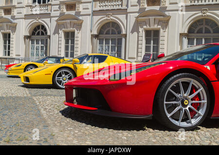Turin, Italy, 7th June 2017. Ferrari cars. Third edition of Parco Valentino car show hosts cars by many automobile manufacturers and car designers inside Valentino Park in Torino, Italy. Stock Photo