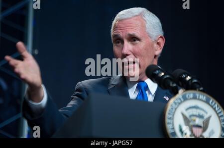 Houston, United States Of America. 07th June, 2017. U.S. Vice President Mike Pence delivers remarks during a ceremony introducing 12 new NASA astronaut candidates at NASA's Johnson Space Center June 7, 2017 in Houston, Texas. Pence celebrated his 58th birthday at the headquarters of the human spaceflight program and spoke of his love for space exploration. Credit: Planetpix/Alamy Live News Stock Photo