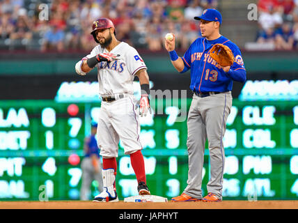 Arlington, Texas, USA. 07th June, 2017. Texas Rangers second baseman Rougned Odor #12 hits a double during an interleague MLB game between the New York Mets and the Texas Rangers at Globe Life Park in Arlington, TX New York defeated Texas 4-3 Credit: Albert Pena/CSM/Alamy Live News Stock Photo