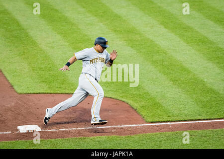 Baltimore, Maryland, USA. 07th June, 2017. Pittsburgh Pirates right fielder Jose Osuna (36) rounds third and scores during MLB game between Pittsburgh Pirates and Baltimore Orioles at Oriole Park at Camden Yards in Baltimore, Maryland. Scott Taetsch/CSM/Alamy Live News Stock Photo