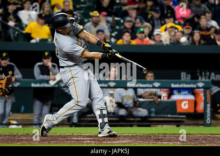 Baltimore, Maryland, USA. 07th June, 2017. Pittsburgh Pirates right fielder Jose Osuna (36) hits a two run homer during MLB game between Pittsburgh Pirates and Baltimore Orioles at Oriole Park at Camden Yards in Baltimore, Maryland. Scott Taetsch/CSM/Alamy Live News Stock Photo