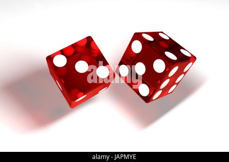 3d image: high quality rendering of transparent red rolling dices with white dots. The cubes in the cast. throws. High resolution. Realistic shadows. Stock Photo