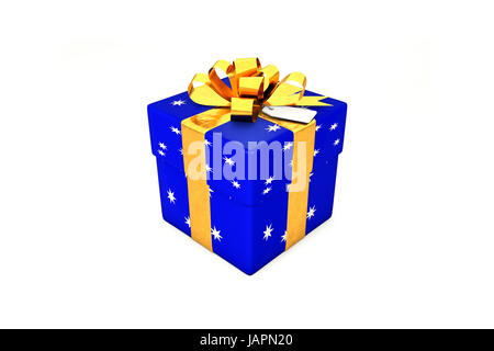 3d illustration: Bright dark blue gift box with star, golden metal ribbon / bow and tag on a white background isolated. Stock Photo