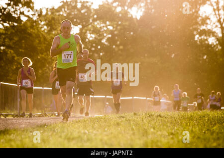 Male adn female runners taking part in a10K run as the sunaets behind them, backlighting the dust rising from the track theay are running on. Stock Photo