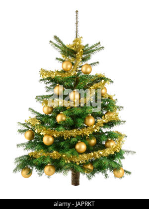 Studioaufnahme von gold geschmücktem Weihnachtsbaum auf weiß Stock Photo