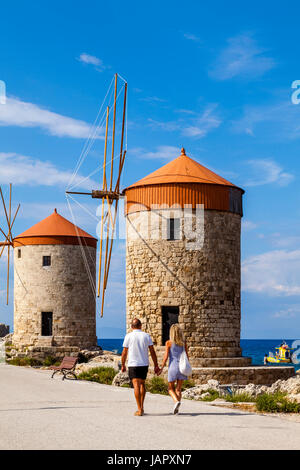 Windmills, Mandraki Harbour, Rhodes Old Town, Rhodes, Greece Stock Photo