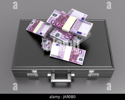 A Briefcase and Euros in Cash. 3D rendered Illustration. Stock Photo