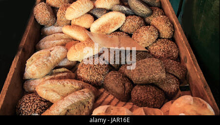 View of different varieties of bread on display at a food market Stock Photo