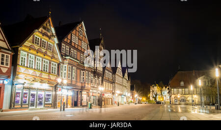 The historic / medieval town centre of Celle, Lower Saxony, Germany at night. Stock Photo
