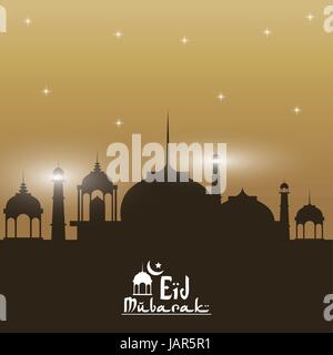 sunset color background silhouette Eid Mubarak with mosque and hand drawn calligraphy logo Stock Vector
