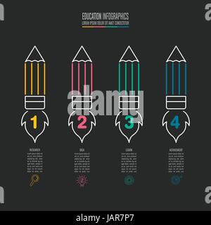Education infographics template 4 step option. Pencil and rocket symbol timeline infographic design vector and marketing icons for presentation, workf Stock Vector