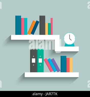 Bookshelf with colorful books and clock on blue pastel color background. Flat design. Vector illustration. Stock Vector