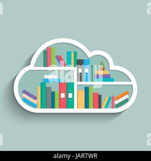 Bookshelf in form of cloud with colorful books and cactus on blue pastel color background.. Flat design. Vector illustration. Stock Vector