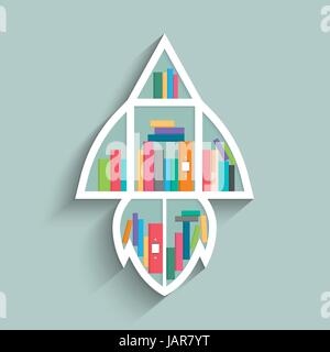 Bookshelf in form of rocket with colorful books on blue pastel color background. Flat design. Vector illustration. Stock Vector