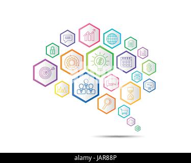 Business connection concept in form of brain symbol. Abstract background with digital marketing and infographic icons. Vector illustration. Stock Vector