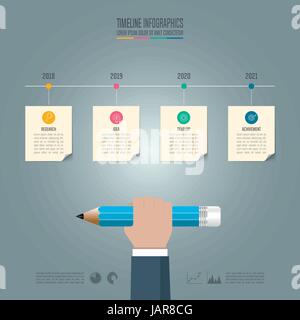 Creative concept for infographic. Hand holding pencil with timeline infographic design vector and marketing icons for presentation, workflow layout, d Stock Vector