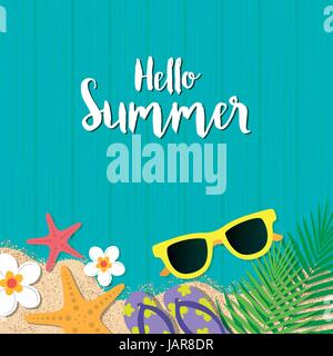 Hello summer holiday background. Top view with sunglasses, starfish, flip flop, flower and leaf on blue wooden background. Season vacation, weekend. V Stock Vector