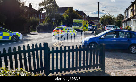 Coggeshall Road, Braintree, Essex, UK. 5th Oct, 2014. Serious road traffic accident showing road (A120) closure with police, fire brigade & ambulance Stock Photo