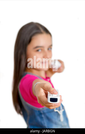 A teenage girl playing video game, isolated on white background Stock Photo