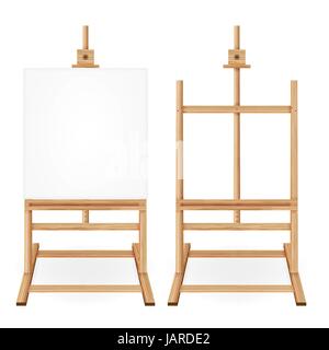 Paint Desk Vector. Wooden Easel With Empty White Paper. Isolated On White Background. Realistic Painter Desk. Drawing Whiteboard Stock Vector