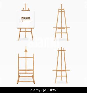 Paint Desk Vector. Wooden Easel Template With White Paper. Isolated On White Background. Realistic Painter Desk Set. Blank Space For Design. Stock Vector
